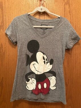 Mickey Mouse Graphic V-Neck Tee - Gray with Red  XL